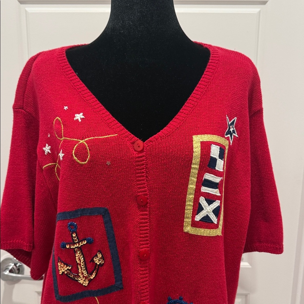 Susan Graver Red Nautical Cardigan - Picture 9 of 12